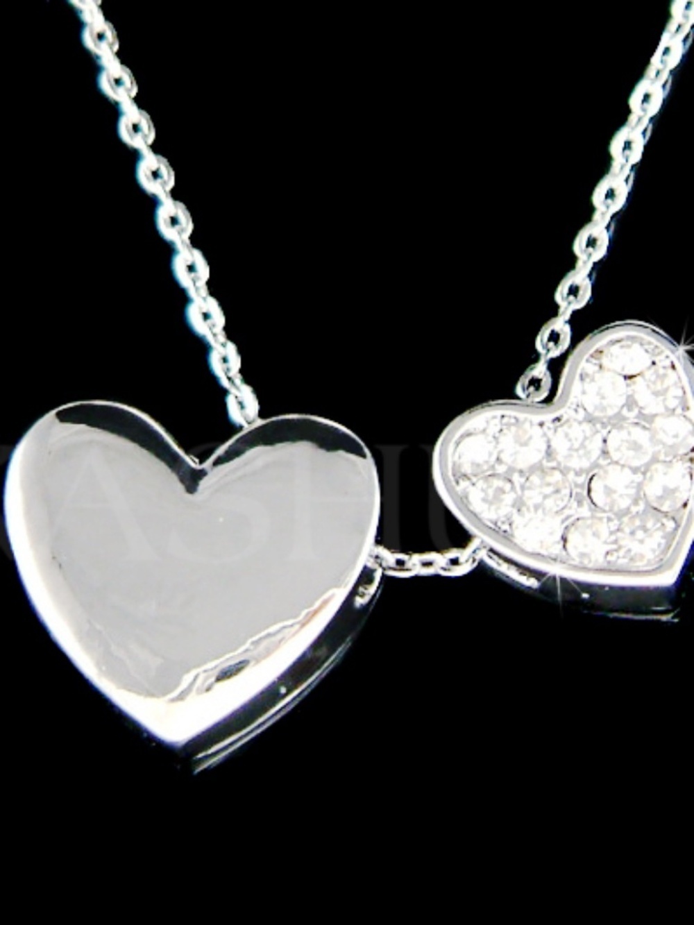 NWOT 2 Heart Swarovski Crystal Valentines Love Necklace Silver Tone Gift for her - Picture 3 of 7